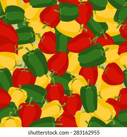 Coloured sweet pepper pattern. Seamless background with ripe peppers. Vector texture