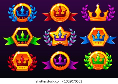 Coloured templates crown icons for awards, creating icons for mobile games. Vector concept gambling assets, set Mobile App Icons different forms and Laurel wreath of victory. Medals on separate layers
