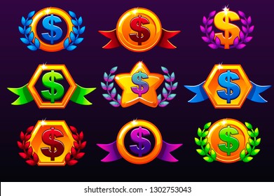 Coloured templates dollar icons for awards, creating icons for mobile games. Vector concept gambling assets, set Mobile App Icons different forms and Laurel wreath of victory.