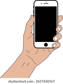 Ilustración vectorial coloreada de una mano que sostiene un smartphone, fondo blanco