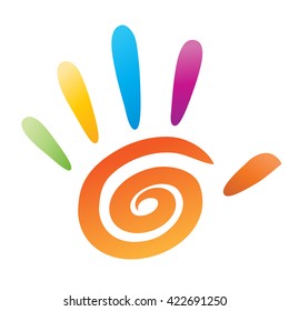 Coloured vector people hand with 5 fingers and spiral element for logo, icon or art design