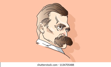 Coloured vector portrait of great philosopher, poet and cultural critic Friedrich Nietzsche, Hand drawn sketch drawing, colourful illustration