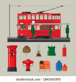 Coloured vector set of iconic vintage items of old Hong Kong