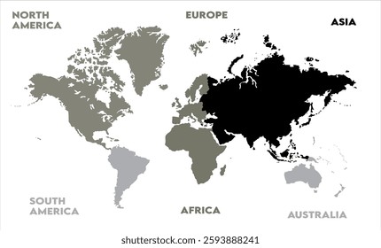 coloured world map, with containment name, modern world map graphic, Countries Silhouettes Stock Illustrations, Vectors