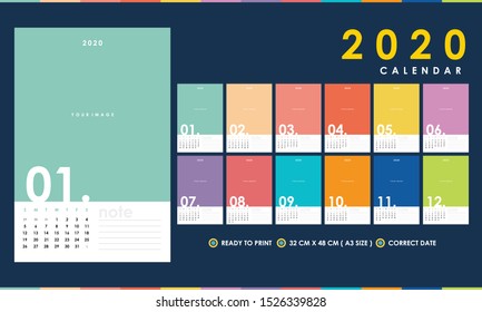 Colourful 2020 Calendar with Correct Dates easy to edit vector A3 size