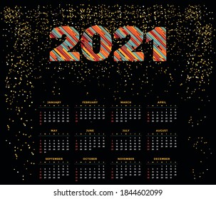 Colourful 2021 calendar with its black background.