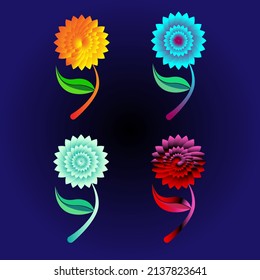 colourful 4 fowers with gradint colour petals with a single leaf with each.percian blue and black colour background.3d looking flowers.