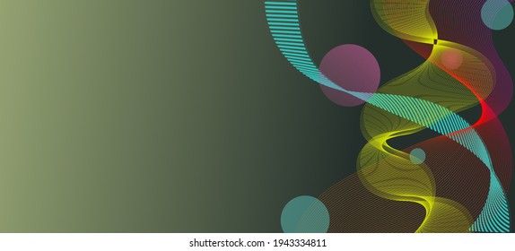 colourful abstract border. Colourful waves, circles on pastel green background. Horizontal vector illustration