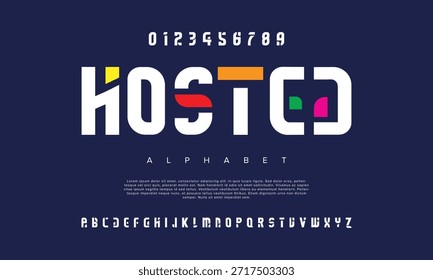 Alfabeto de fuente de logotipo de tecnología digital abstracto colorido. Fuentes urbanas modernas mínimas para el logotipo, la marca, etc. Tipografía tipografía mayúscula minúscula y número. Ilustración vectorial