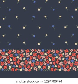 Colourful abstract ditsy gestural flowers vector seamless horizontal border and pattern on dark background. Floral Edge