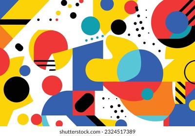 colourful abstract geometric shapes, in the style of bold graphic patterns, robotic motifs, bauhaus-inspired designs, white background, precisionist lines and shapes, memphis design, bold and vibrant