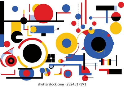 colourful abstract geometric shapes, in the style of bold graphic patterns, robotic motifs, bauhaus-inspired designs, white background, precisionist lines and shapes, memphis design, bold and vibrant