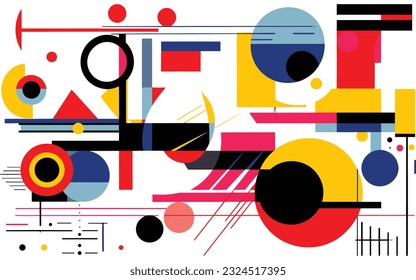 colourful abstract geometric shapes, in the style of bold graphic patterns, robotic motifs, bauhaus-inspired designs, white background, precisionist lines and shapes, memphis design, bold and vibrant