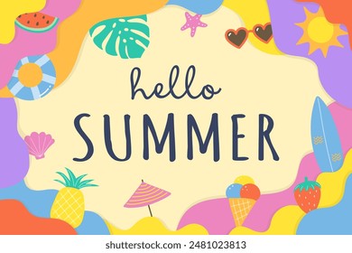 Colourful abstract  Hello Summer background. Poster or banner with holiday elements. Vector illustration