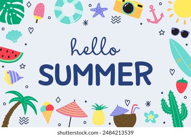 Colourful abstract Hello Summer background with icons. Vector illustration