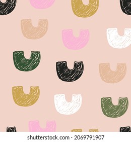 Colourful abstract  seamless pattern with hand drawn half hoops. Geometric retro fabric design. Doodle style.