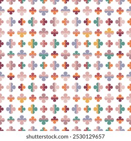 Colourful abstract seamless vector pattern with stylised flowers. Decorative geometric floral grid texture in vintage spring colour scheme for wallpaper, home decor, fashion fabrics and prints. 