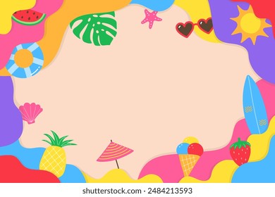 Colourful abstract summer background with icons. Vector illustration