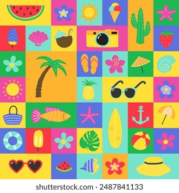 Colourful abstract summer background with icons. Vector illustration