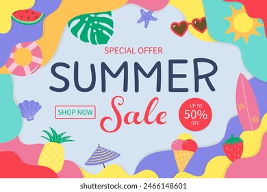 Colourful abstract Summer Sale background. Poster or banner with holiday elements. Vector illustration