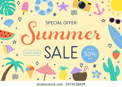 Colourful abstract Summer Sale background with icons. Vector illustration