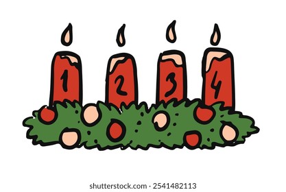 Colourful Advent wreath with candles. Simple hand drawn illustration of Christmas Decoration. German Christmas tradition. Celebrating the advent season. 