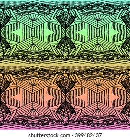 Colourful African pattern. Lace seamless ethnic pattern on the colored background gradient. Vector illustration. Knitted crochet lace, knitting, weaving, macrame with mesh.