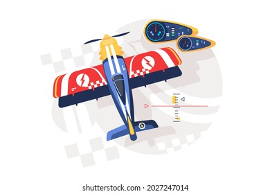Colourful airplane and display vector illustration. Control interface flat style. National aviation day. Commercial airliner. Aviation concept. Isolated on white background