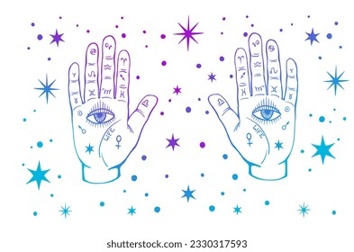 Colourful All-seeing eyes on the palms of the hand. Mystical background. Vector boho illustration for palmist, numerology and astrology.