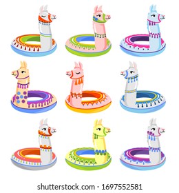 Colourful alpaca inflatable floats summer set vector illustration. Collection of childrens swimming circles. Rubber rings, beach water toys. Isolated on white background