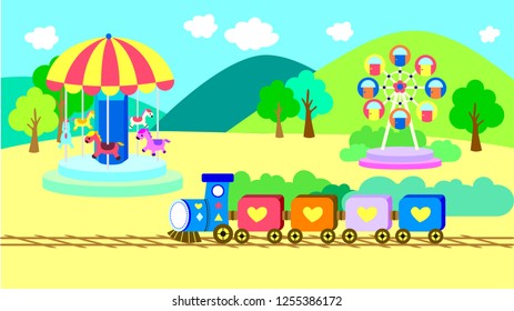 
A colourful amusement park with carousels, ferris wheels and small trains. Welcome to come and play
