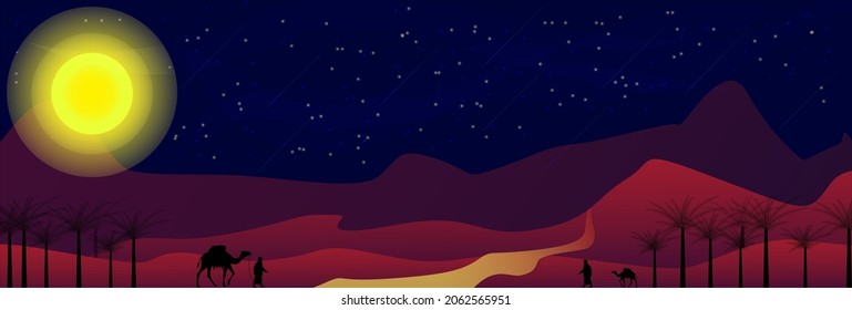 Colourful Arabian Desert Night Illustration With Moon And Stars.gradient Illustration Of Night With Palm,camel And Man Silhouette.minimal Calm And Cool Vector Of Night Scene With Copyspace.fantasy Art