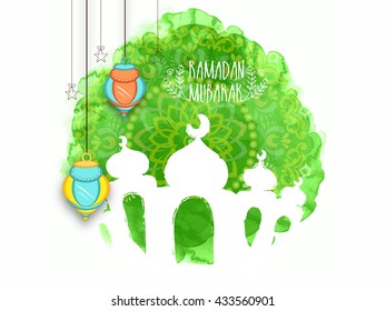 Colourful Arabic Lanterns with Mosque on floral, Green splash background for Holy Month of Prayer, Ramadan Kareem Celebration.