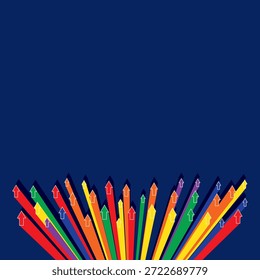 Flechas de colores que se mueven hacia arriba con contornos blancos en la parte inferior con sombra y un fondo azul oscuro.