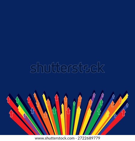 Colourful arrows moving up with white outlines at the bottom with shadow and a dark blue background.