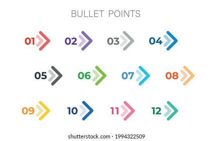 Colourful arrows set isolated. Direction number bullet points from one to twelve.