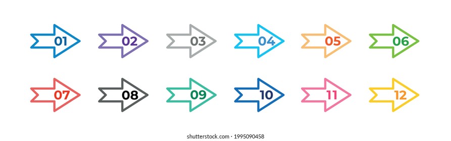 Colourful arrows set isolated on white background. Bullet points numbers from one to twelve.