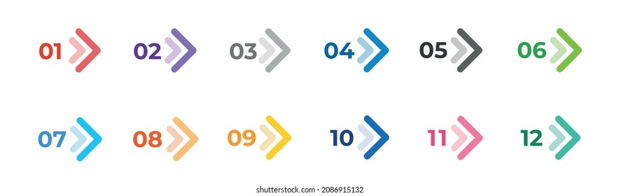 Colourful arrows set isolated on white. Direction number bullet points from one to twelve. Stock illustration
