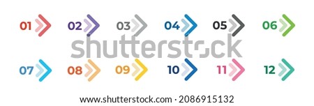 Colourful arrows set isolated on white. Direction number bullet points from one to twelve. Stock illustration