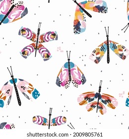 Colourful artistic butterfly pattern in watercolor style. Bright summer hand drawn moth texture. Great for fabric, apparel, wallpaper