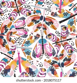 Colourful artistic butterfly pattern in watercolor style. Bright summer hand drawn moth texture. Great for fabric, apparel, wallpaper