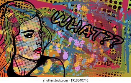 Farbige künstlerische Vektorgrafik in der Mischung von Pop-Art und Street-Art-Stilen. Die abstrakte Comic-Dame mit dem Schild Was. Handgezeichnete Vektorgrafik.