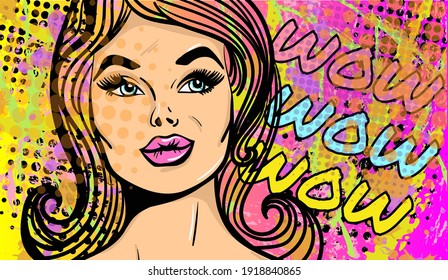 Colourful artistic vector illustration in the mix of pop art and street art styles. The abstract comic lady with the sign Wow. Hand-drawn vector illustration.