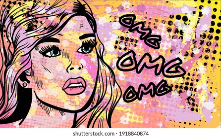 Colourful artistic vector illustration in the mix of pop art and street art styles. The abstract comic lady with the sign Omg. Hand-drawn vector illustration.