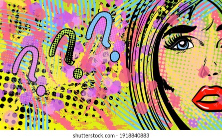 Colourful artistic vector illustration in the mix of pop art and street art styles. The abstract comic lady with the sign of the question. Hand-drawn vector illustration.