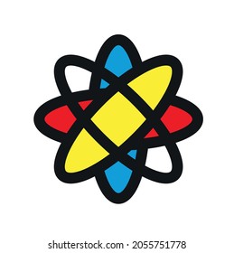 Colourful atom sign, symbol logo with black strokes. Vector illustration isolated on white background.