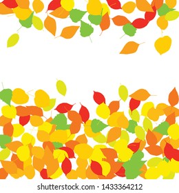 Colourful autumn leaves or foliage silhouettes pattern on white background. Texture of vector fall tree leaf shapes with place for text or copy space