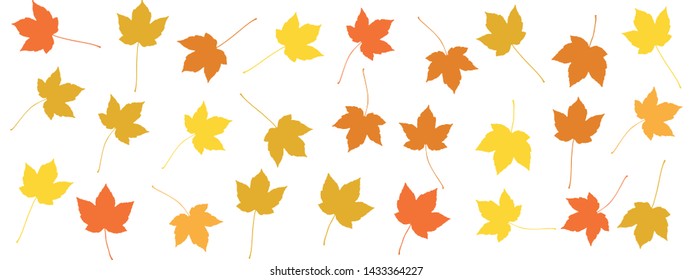 Colourful autumn maple leaves or foliage silhouettes pattern on white background. Texture of vector fall tree leaf shapes with place for text or copy space