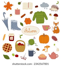 Colourful autumn set in doodle style, cozy fall things, vector