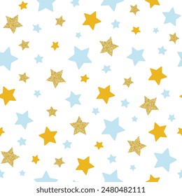 Un colorido bebé lindo patrón sin fisuras con estrellas. Patrón en tonos azules suaves con lentejuelas. Ilustración vectorial. 